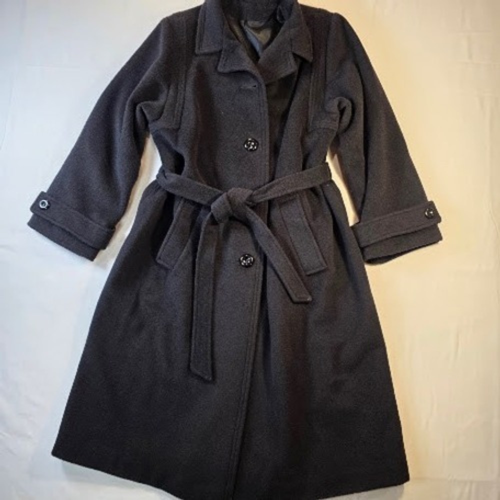 Vintage Cashmere Blend Wool Trench Coat Grey Belted Long Overcoat Women M/L